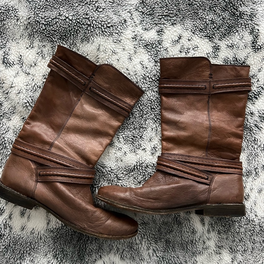 Frye Brown Combat & Moto Boots with Leather Material and Slouchy Design